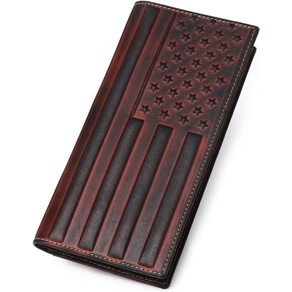 Men's Wallet Long with US Flag, Wallet Leather Bi folding Wallet (Long-Wine Red)